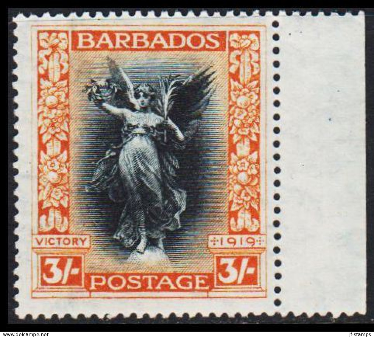 1920. BARBADOS. Victory WW1-issue 3/- Light Hinged.  (MICHEL 120) - JF541583 - Barbados (...-1966)