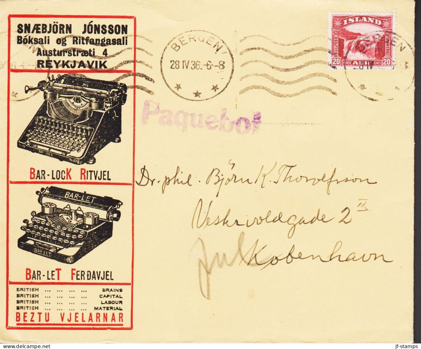 1936. ISLAND. 20 Aur GULLFOSS On Beautiful Advertisement Cover Typewriters BAR-LOCK RITVJEL & BAR-LET FERD... - JF541594 - Lettres & Documents