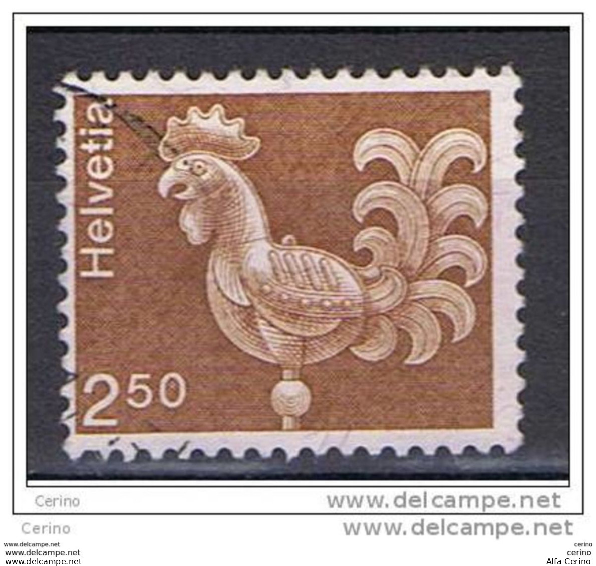 SVIZZERA:  1975  GALLO  -  2,50  BRUNO  CHIARO  US. -  FIBRE  DI  SETA  -  YV/TELL. 991 A - Varietà