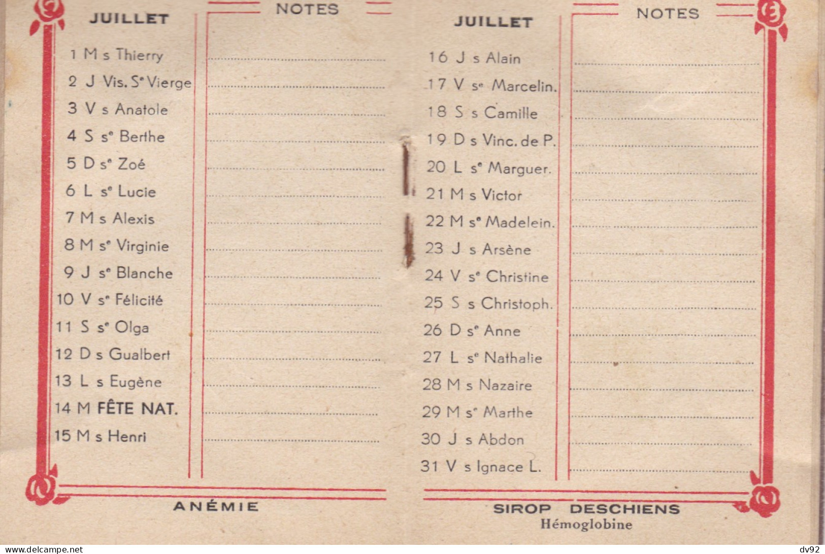 CALENDRIER 1936 DU SIROP DESCHIENS - Petit Format : 1921-40
