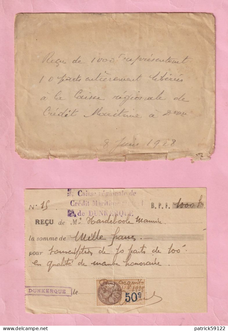 DUNKERQUE - RECU BANQUE CAISSE REGIONALE DE CREDIT MARITIME DE DUNKERQUE - 1928 - - Bank En Verzekering