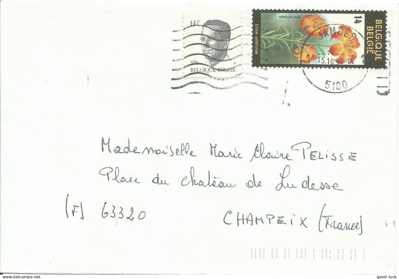 BELGIQUE LETTRE 28F JAMBES POUR CHAMPEIX ( PUY DE DOME ) DE 1990 LETTRE COVER - Cartas & Documentos
