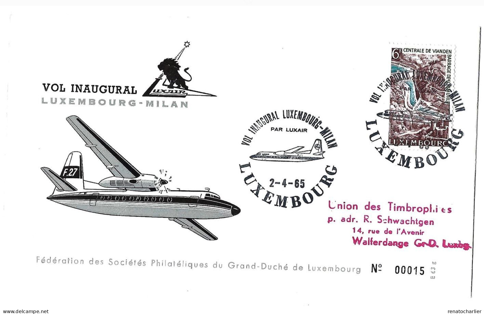 Vol Inaugural Luxembourg-Milan.Luxair.1965. - Storia Postale