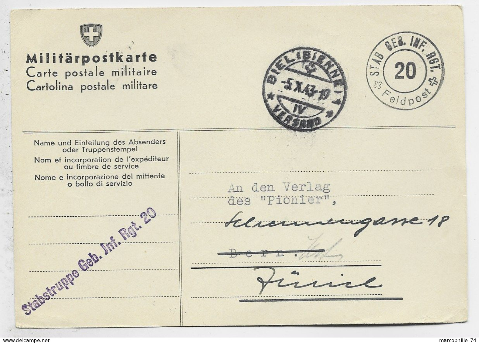 HELVETIA SUISSE CARTE POSTALE MILITAIRE STAB GER. INF 20 FELPOST 1943 POUR BIEL BIENNE - Postmarks