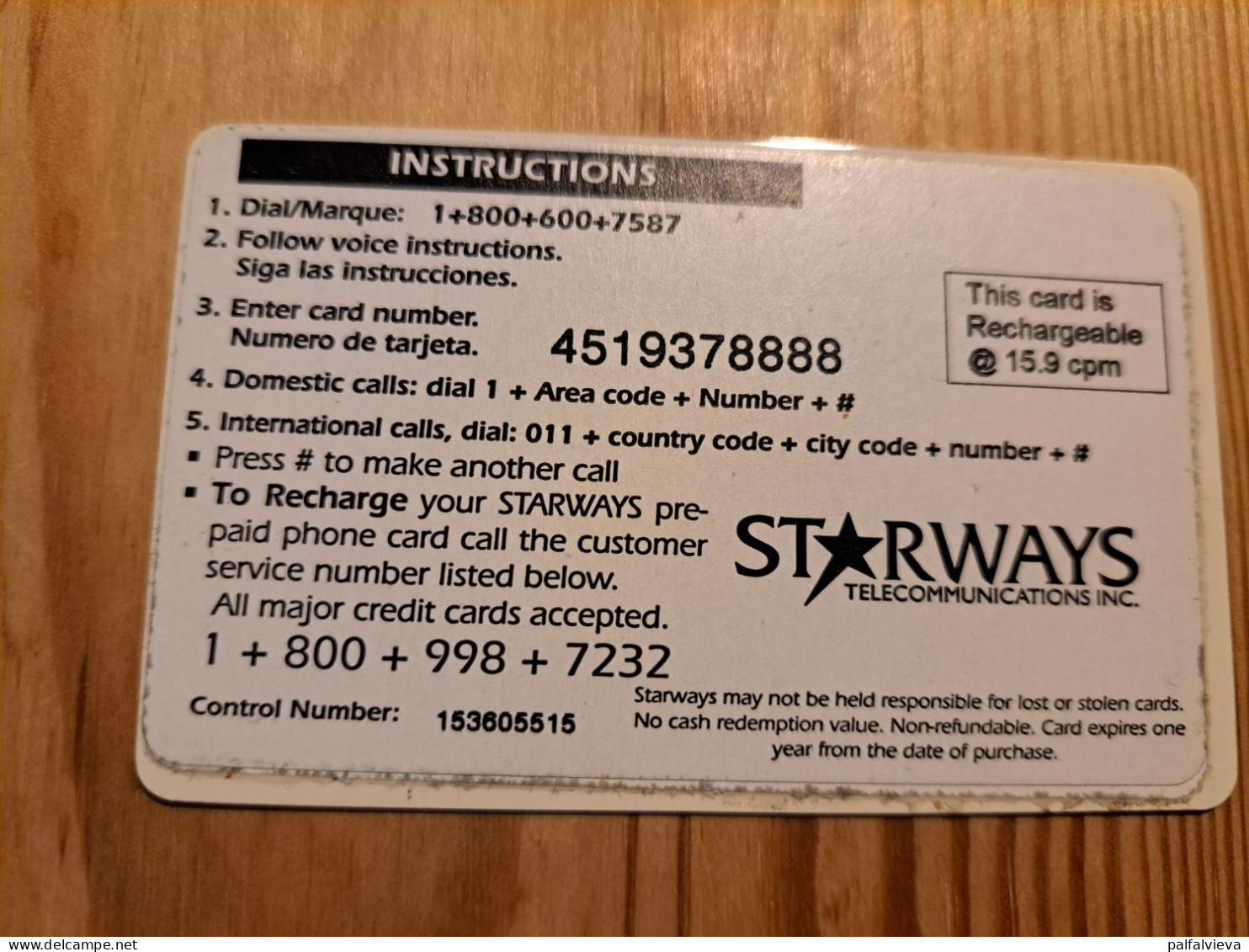 Prepaid Phonecard USA, Starways Telecommunications - Autres & Non Classés