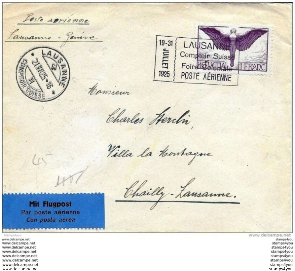 13-31 - Enveloppe Poste Aérienne Lausanne Comptoir Suisse 1925 - Autres & Non Classés