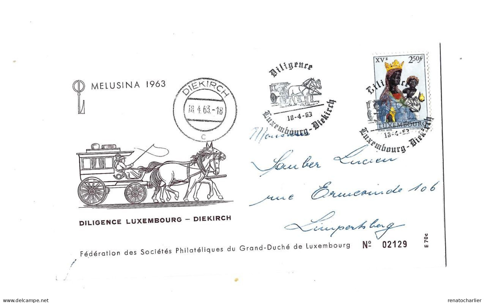 Diligence Luxembourg-Diekirch.Melusina 1963 - Lettres & Documents