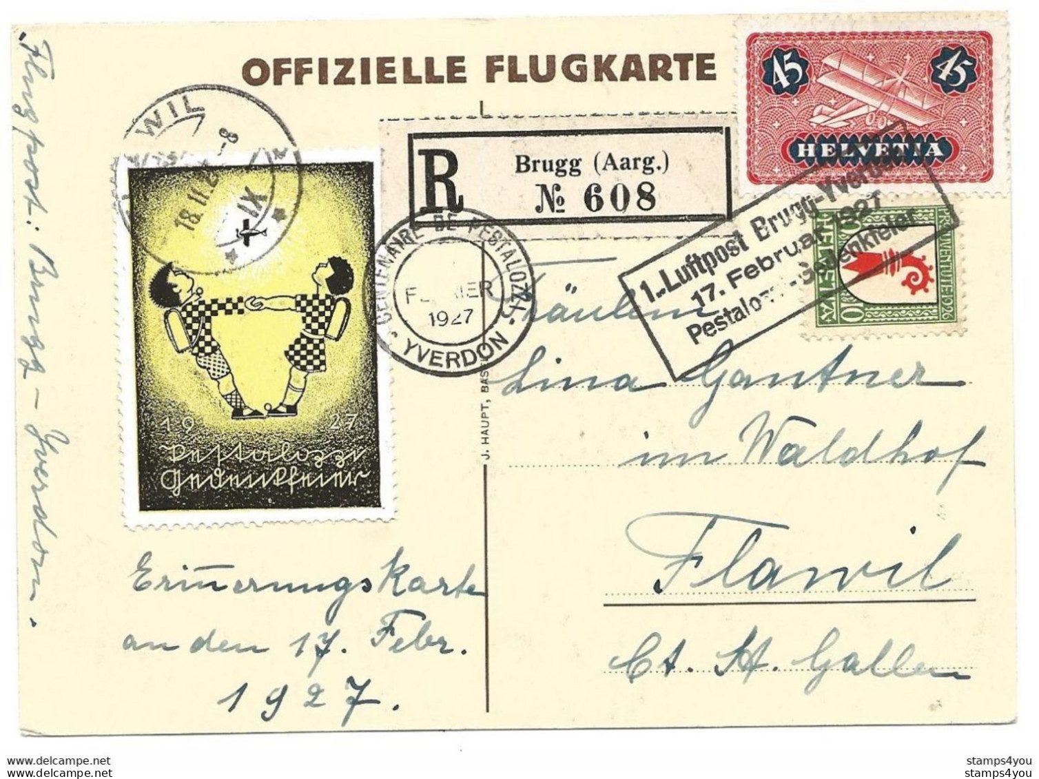 13 - 16 - Carte Centenaire Pestalozzi Vol Brugg-Yverdon 1927 - Andere & Zonder Classificatie