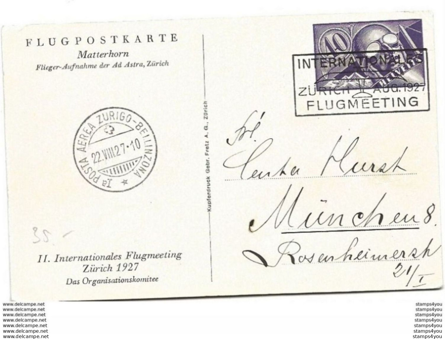 13 - 35 - Carte Flugpostkarte Matterhorn - Meeting International De Zürich 1927 - Altri & Non Classificati