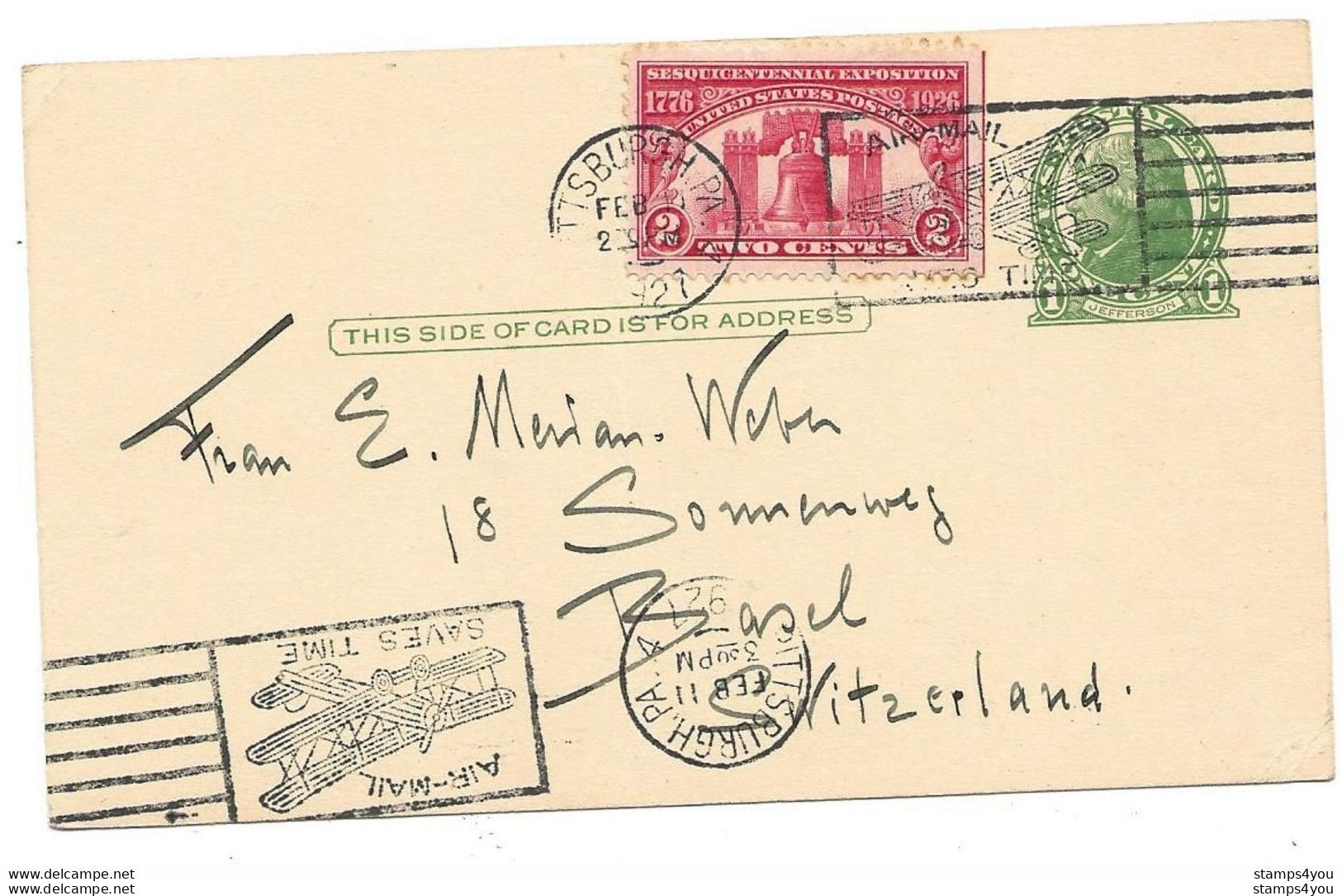 96 - 56 - Enier Postal Envoyé De Pittsburg En Suisse 1927 - 1921-40