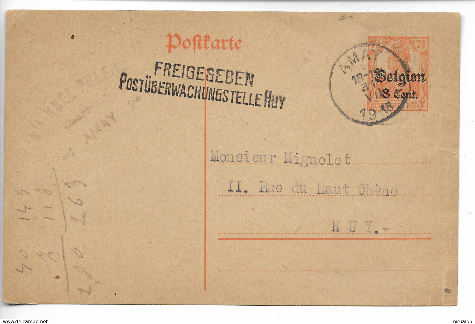 AMAY Belgique Entier 8 Cent Belgium + Censure (contrôle Postal) Griffe Noire Peu Courant 1918      ..G - Altri & Non Classificati