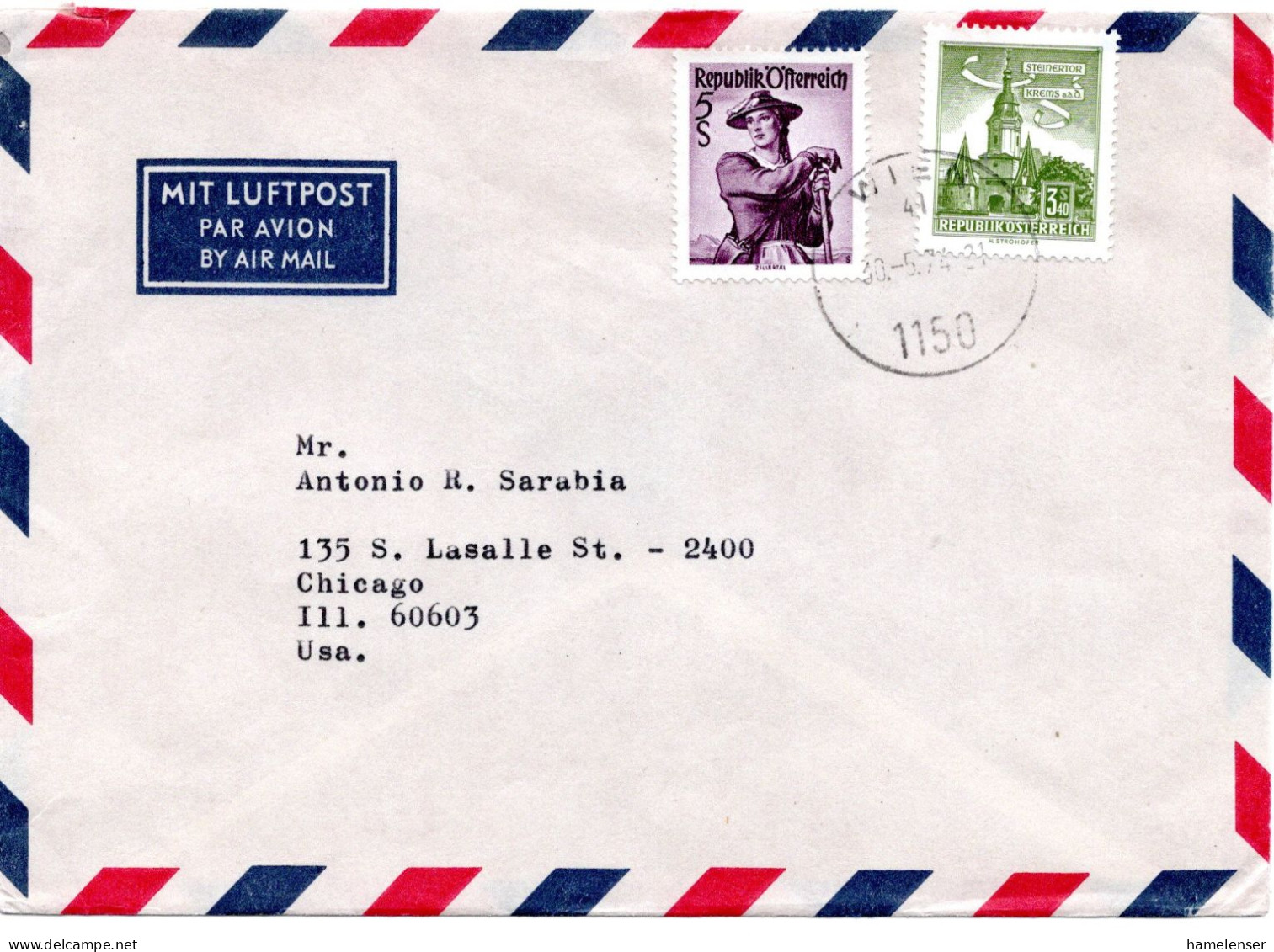 73935 - Österreich - 1974 - S5 Trachten MiF A LpBf WIEN -> Chicago, IL (USA) - Covers & Documents