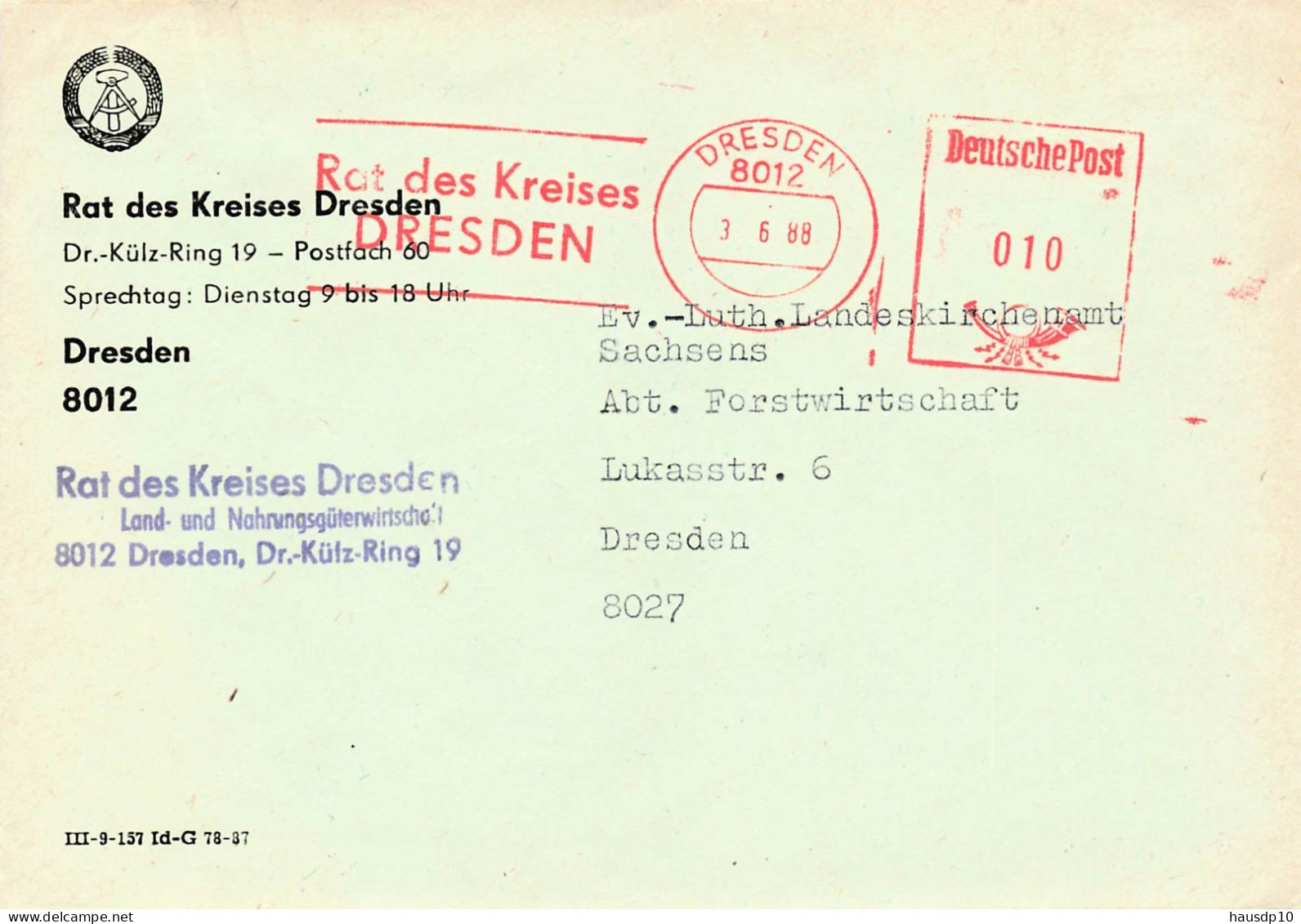 DDR Brief AFS Rat Des Kreises Dresden 1988 - Maschinenstempel (EMA)