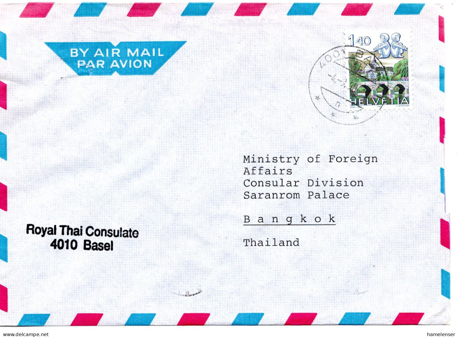 73937 - Schweiz - 1990 - Fr.1,40 Tierkreiszeichen EF A LpBf BASEL -> BANGKOK (Thailand), Abs: Thai Konsulat - Lettres & Documents