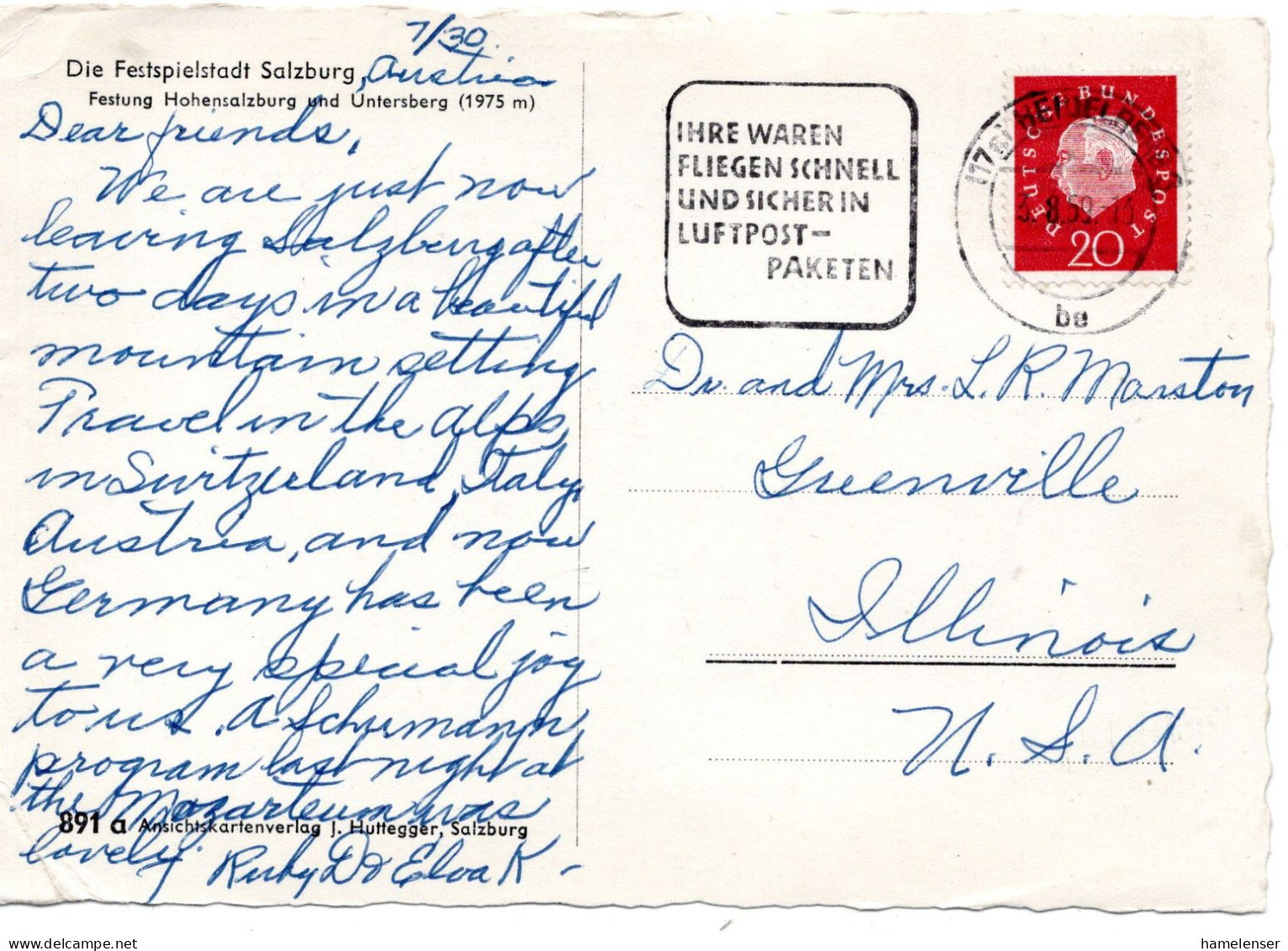 73940 - Bund - 1959 - 20Pfg Heuss III EF A AnsKte HEIDELBERG - ... -> Greenville, IL (USA) - Covers & Documents