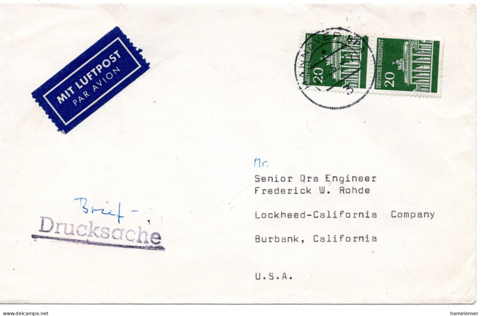 73943 - Bund - 1968 - 2@20Pfg Brandenburger Tor A LpDrucksBf HANNOVER -> Burbank, CA (USA) - Briefe U. Dokumente