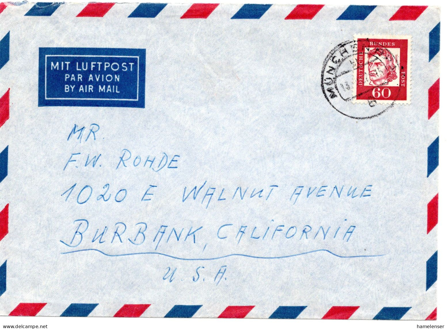 73945 - Bund - 1962 - 60Pfg Schiller EF A LpBf MUENCHEN -> Burbank, CA (USA) - Cartas & Documentos