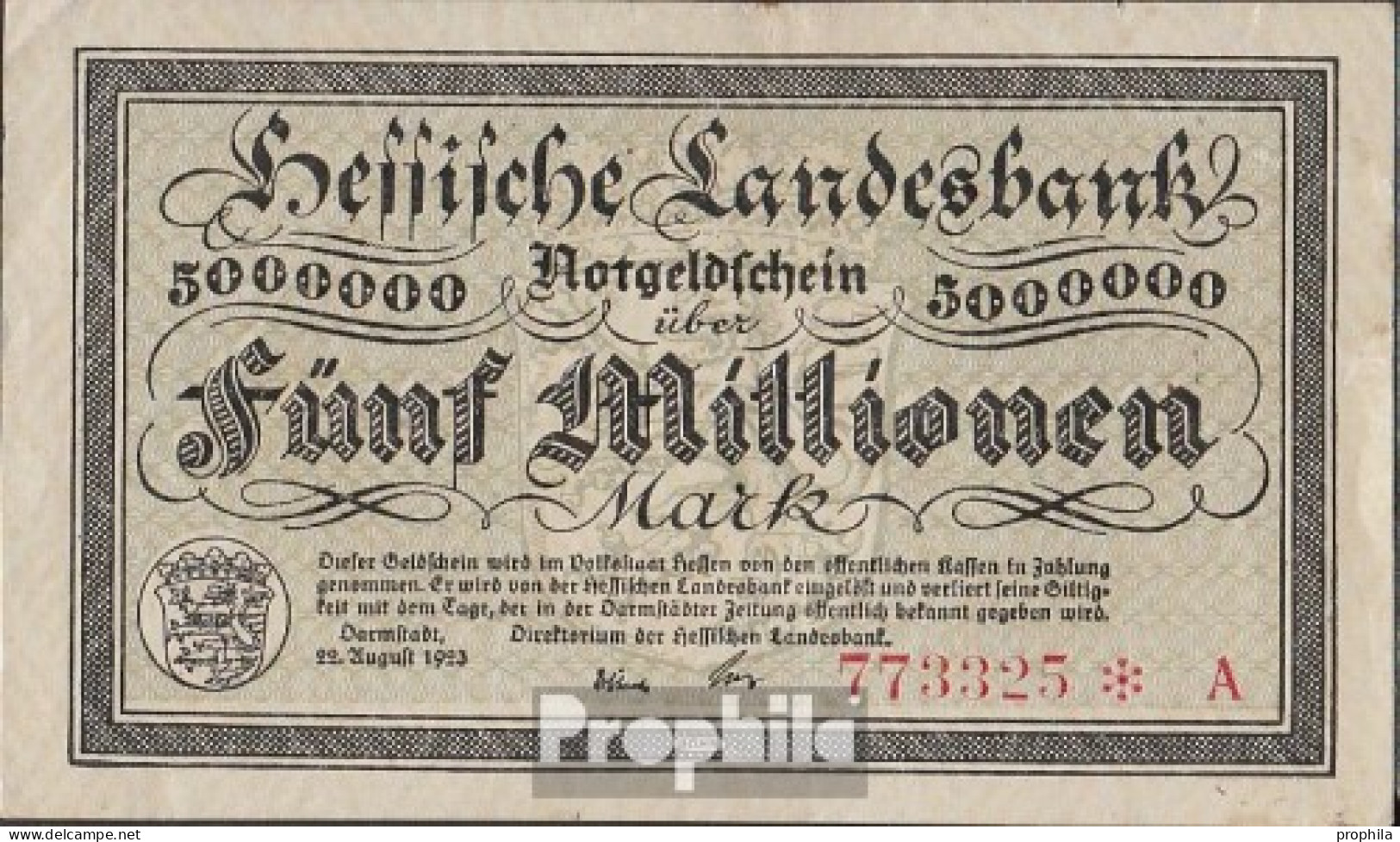 Deutsches Reich Inflationsgeld Der Hessischen Landesbank Gebraucht (III) 1923 5 Millionen Mark - 5 Miljoen Mark