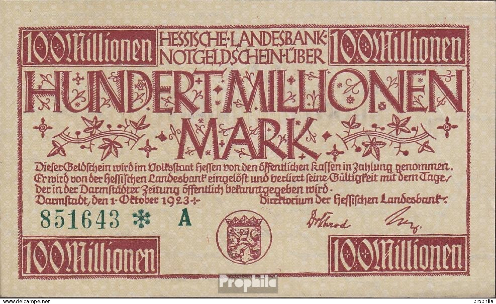 Deutsches Reich Inflationsgeld Der Hessischen Landesbank Gebraucht (III) 1923 100 Millionen Mark - 100 Miljoen Mark