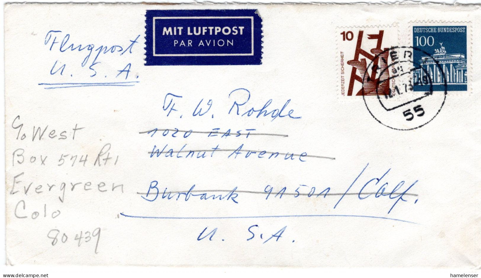 73946 - Bund - 1973 - 100Pfg Brandenburger Tor MiF A LpBf TRIER -> Burbank, CA (USA), Nachgesandt -> Evergreen, CO - Briefe U. Dokumente