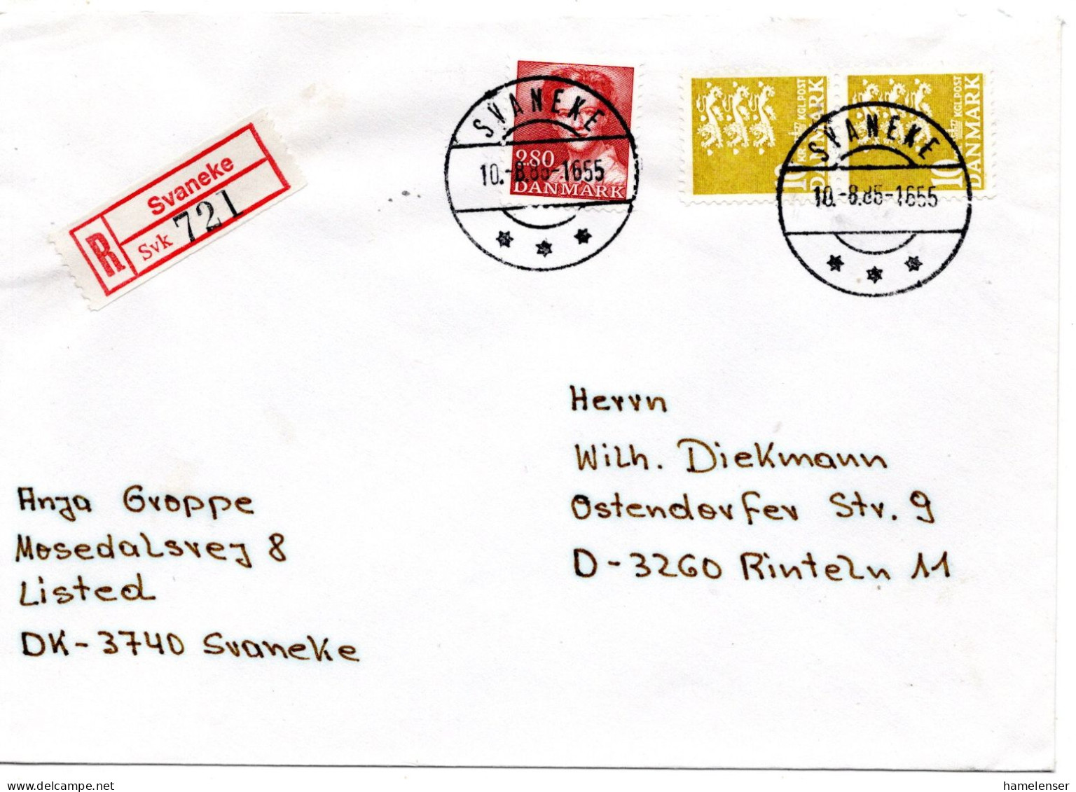 73949 - Dänemark - 1985 - 2@10Kr Wappen MiF A R-Bf SVANEKE -> Westdeutschland - Lettres & Documents