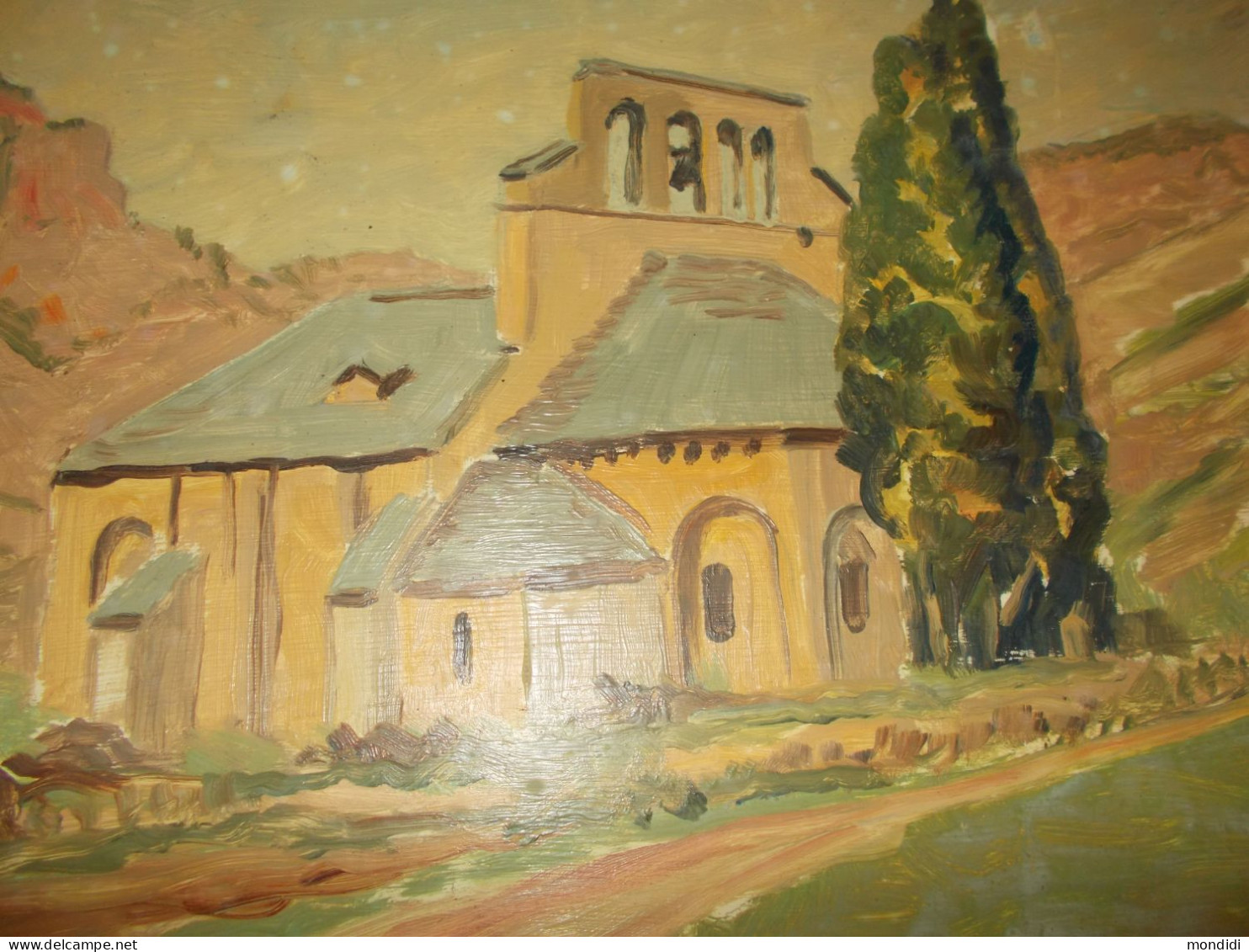 Ancien Tableau Peinture Huile Sur Isorel Chapelle Notre Dame Des Champs Mostuejouls 12 Aveyron Signé René Hutet 1966 - Oils