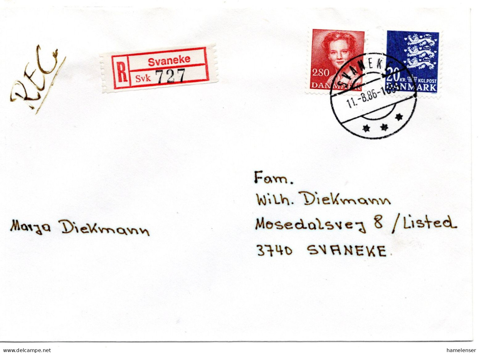 73950 - Dänemark - 1986 - 20Kr Wappen MiF A R-Bf SVANEKE -> Westdeutschland - Storia Postale