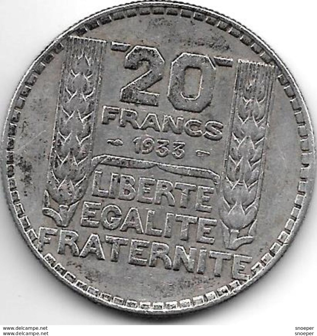 *france 20 Francs 1933  LL Km 879  Xf - 20 Francs