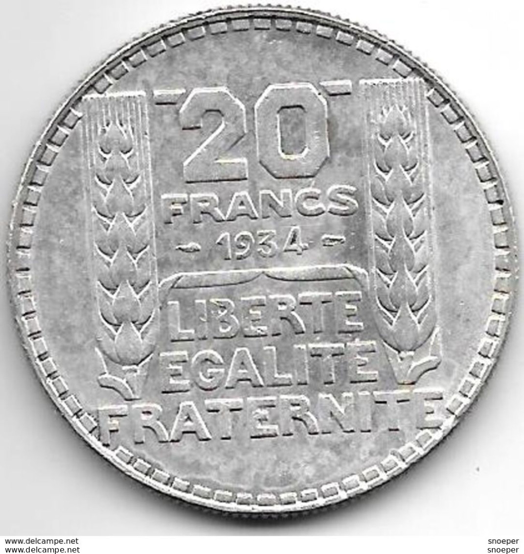 *france 20 Francs 1934  SL Km 879  Xf+ - 20 Francs