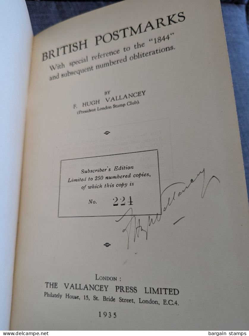 British Postmarks -With Special Reference To The "1844" And Subsequent Numbered Obliterations - F. Hugh Vallancey - 1935 - Guides & Manuels