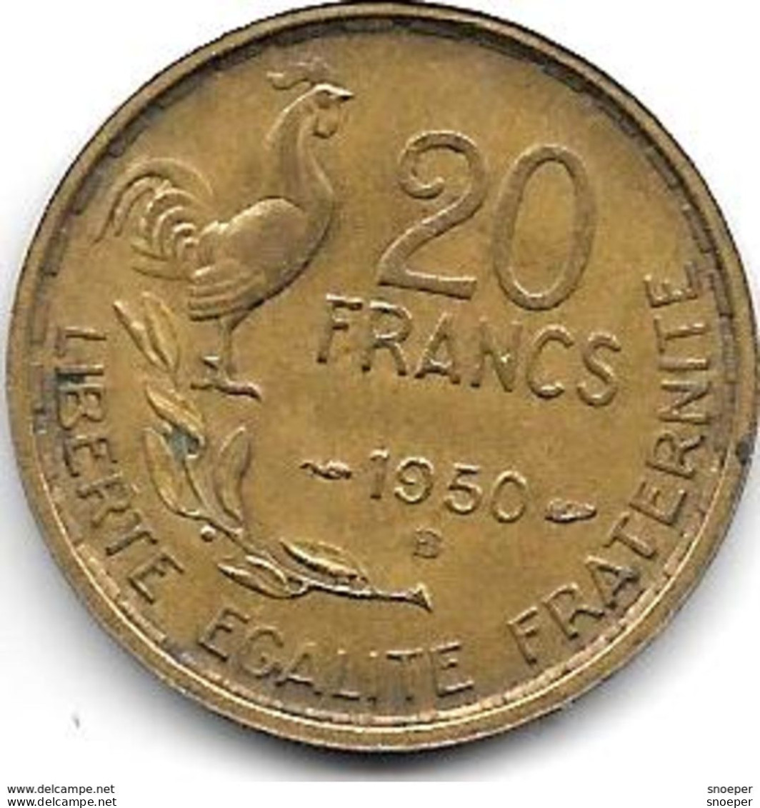 France 20 Francs 1950 B   G. Guiraud  4  Plumes Km 917.2   Vf+ - 20 Francs