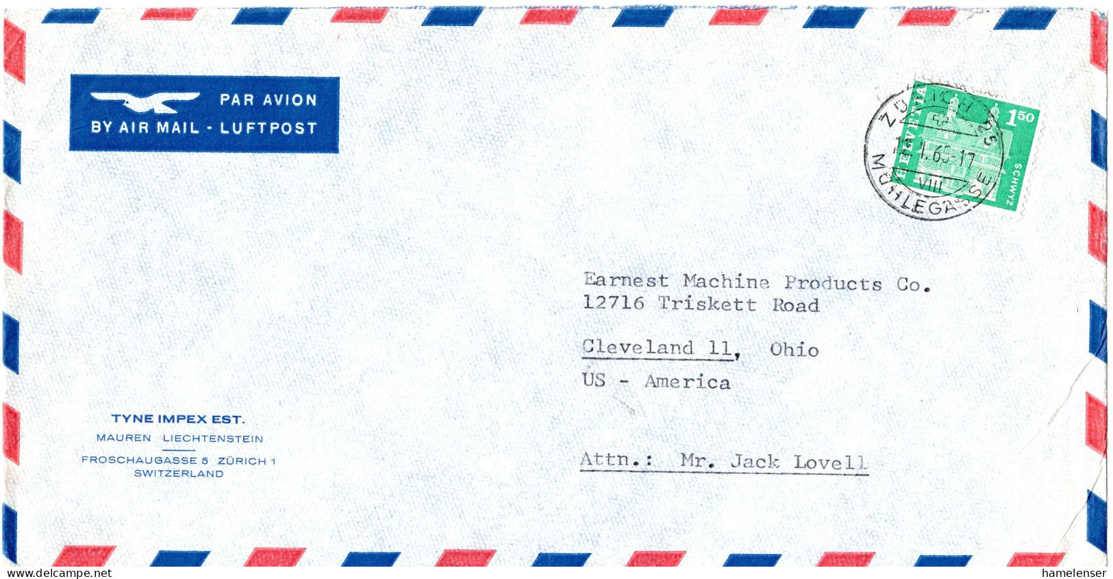 L73955 - Schweiz - 1965 - Fr.1,50 Schwyz EF A LpBf ZUERICH -> Cleveland, OH (USA) - Cartas & Documentos