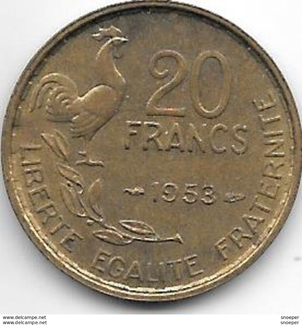 France 20 Francs 1953   G. Guiraud  4  Plumes Km 917.1   Xf+ - 20 Francs