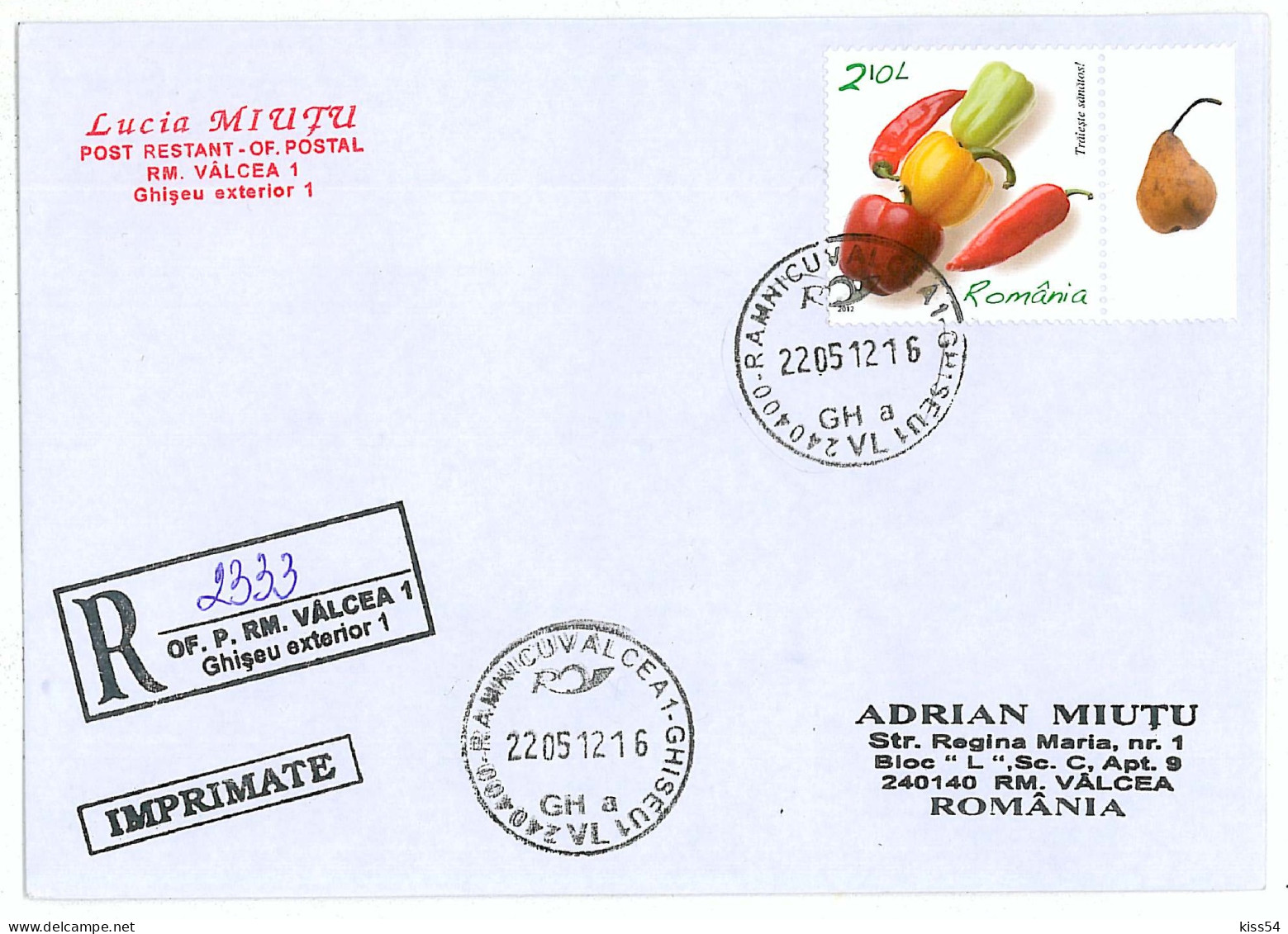 NCP 27 - 2333-a Vegetables, PEPPER, Romania - Registered, Stamp With TABS - 2012 - Légumes