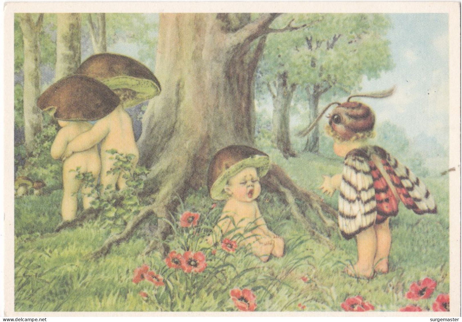 CPA FANTAISIE CHAMPIGNONS-PAPILLON HUMANISES EN BEBES ( RIP.VIETATA) - Mushrooms