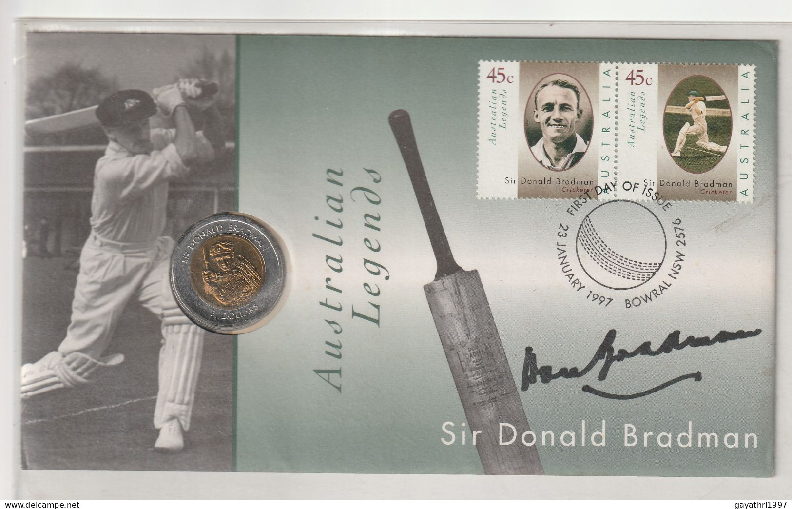 Australia Sir Donald Bradman Stamps With 5 Dollars Coin With Him Autographs Good Condition (sh60) - Sportifs