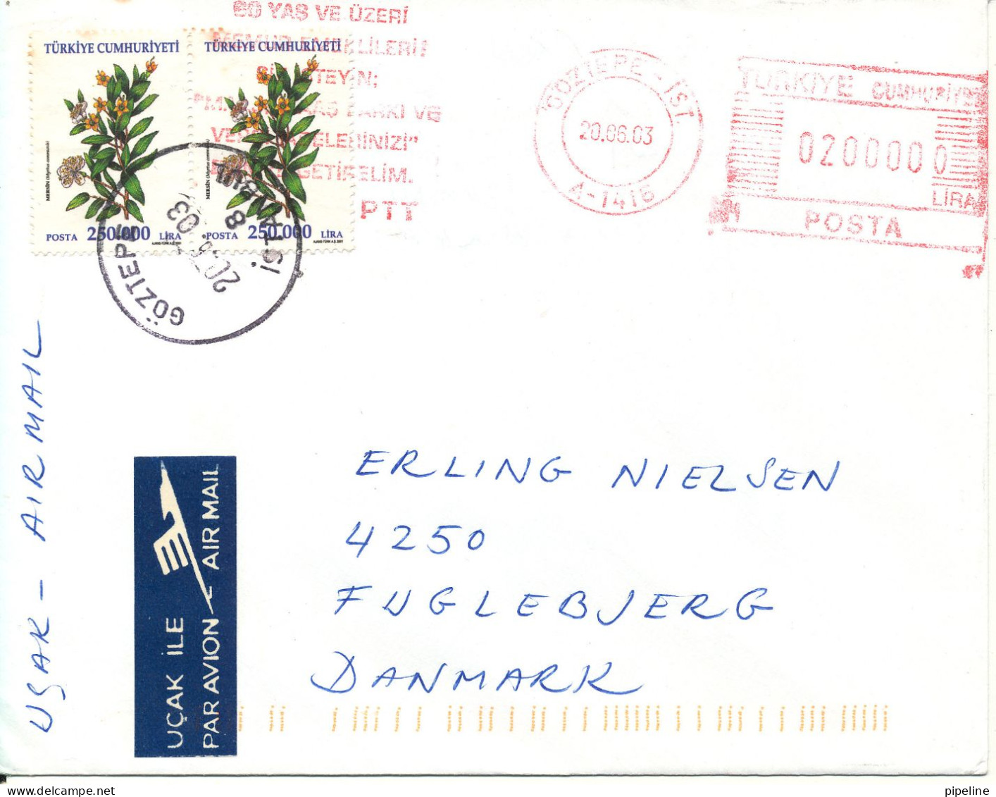 Turkey Cover Sent To Denmark 20-6-2003 Topic Stamps And Meter Cancel - Cartas & Documentos