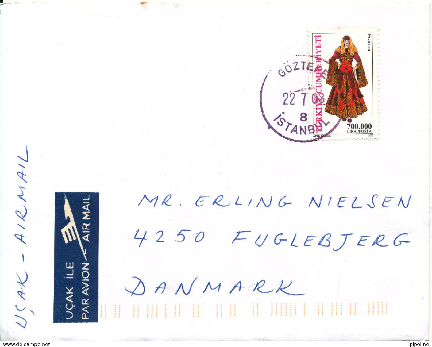 Turkey Cover Sent Air Mail To Denmark 22-7-2003 Single Franked - Brieven En Documenten