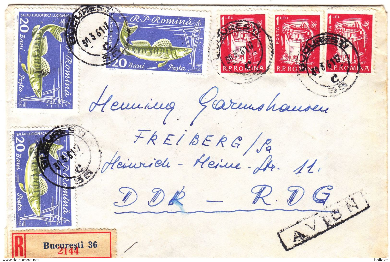 Roumanie - Lettre Recom De 1961 - Oblit Bucuresti - Exp Vers Freiburg - Poissons - - Briefe U. Dokumente