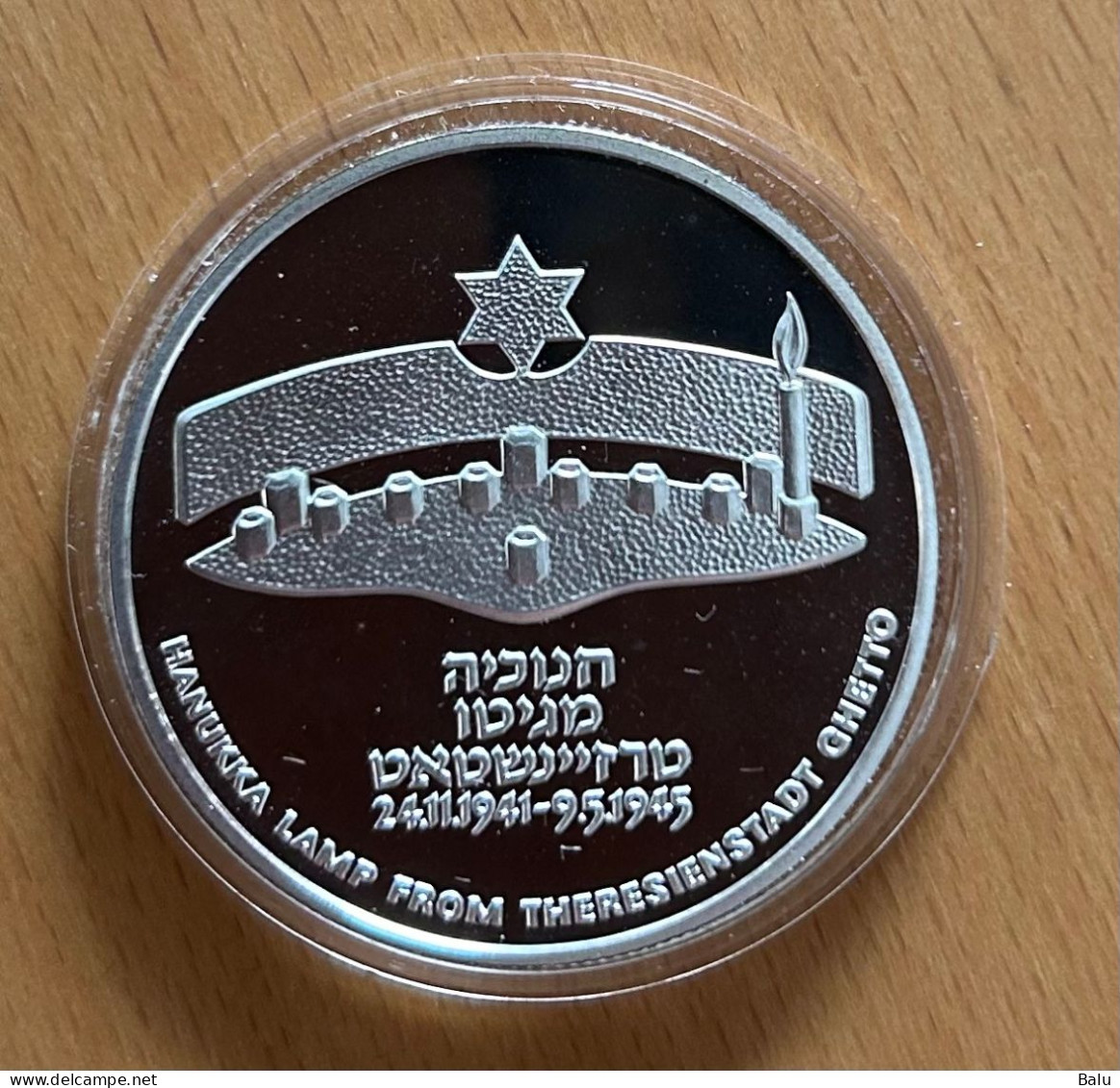 Israel 1984 Hanukka From Theresienstadt, Silber 850, 30/37mm, 14.4/28.8 Gr. 1+2 Sheqel Coin Set B.U. Proof, 6 Fotos - Israele