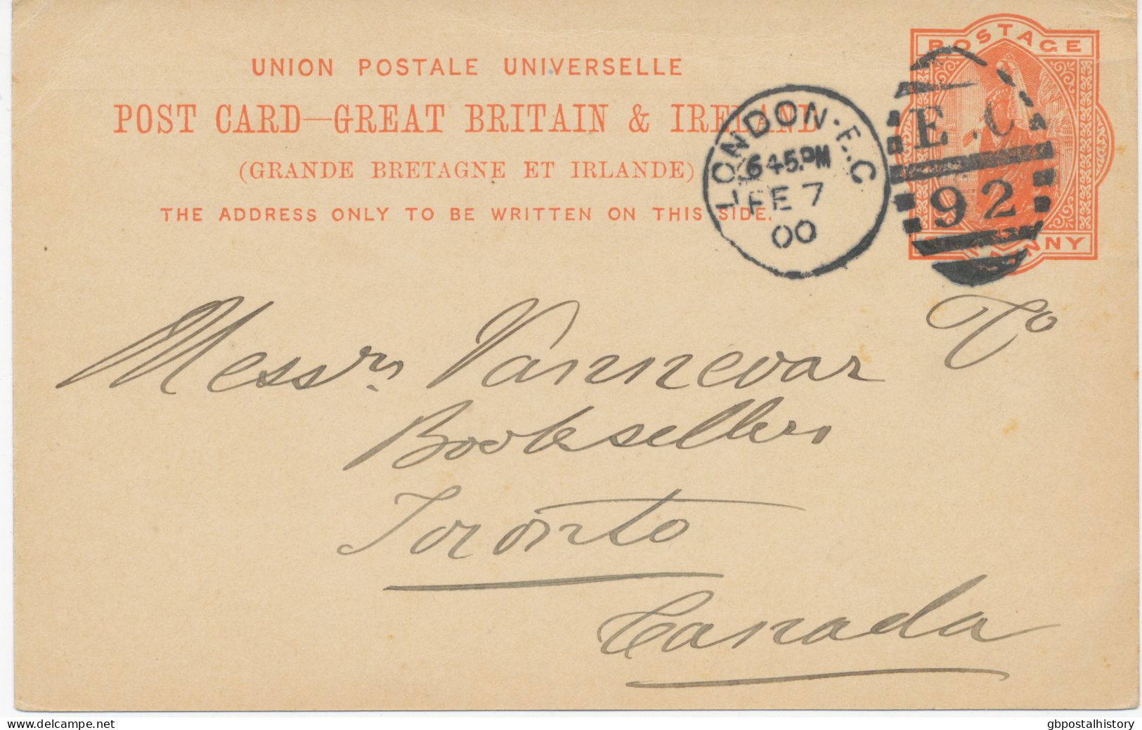 GB 1900 QV 1d Orangered Superb Postcard With Duplex "LONDON-E.C / E.C / 92" To CANADA, R! - Cartas & Documentos