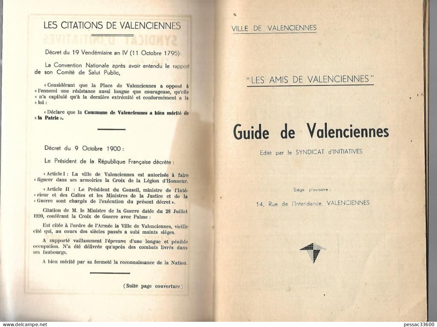 Guide De Valenciennes Syndicat D’Initiative  « Les Amis Du Valenciennois » BR BE Année 1951 - Picardie - Nord-Pas-de-Calais