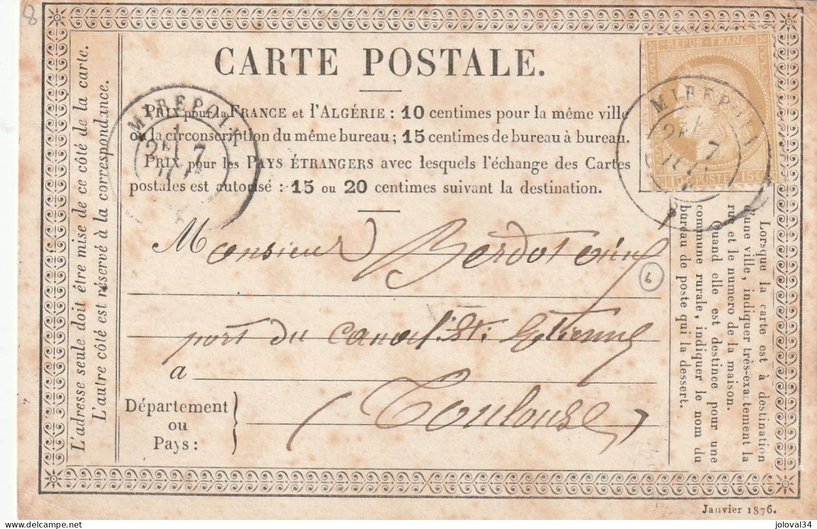 Yvert 55 Carte Précurseur   MIREPOIX Ariège 7/6/1876 Oblitération Cachet à Date Pour Toulouse Haute Garonne - Cartes Précurseurs