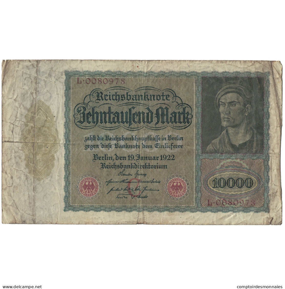 Billet, Allemagne, 10,000 Mark, 1922, 1922-01-19, KM:70, B - 10000 Mark