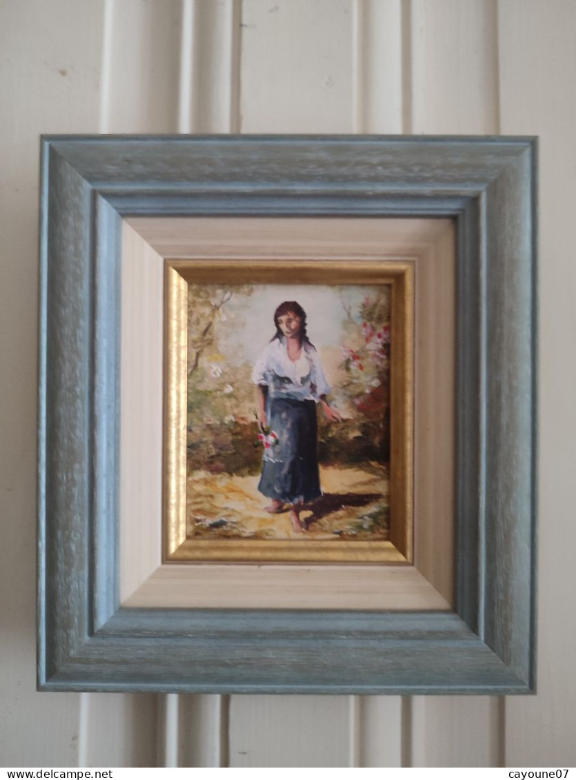 Robert CACHARD ( XXème) "Femme Au Bouquet" Portrait Miniature Huile Sur Carton - Oelbilder