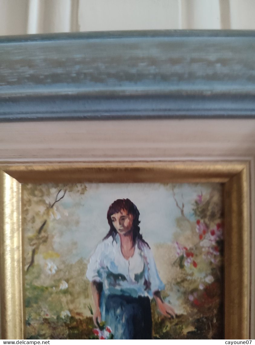 Robert CACHARD ( XXème) "Femme Au Bouquet" Portrait Miniature Huile Sur Carton - Huiles