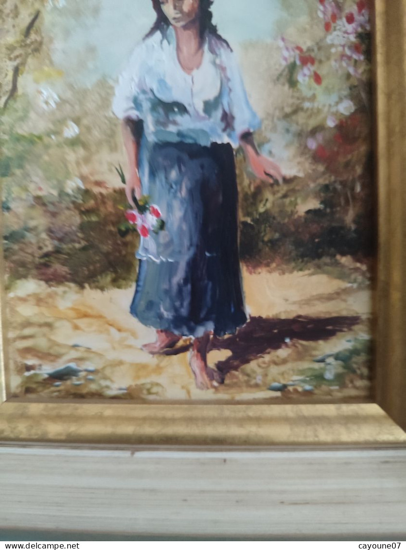 Robert CACHARD ( XXème) "Femme au bouquet" portrait miniature huile sur carton