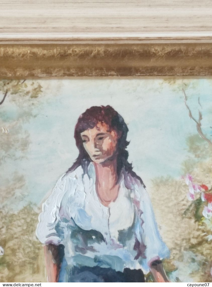 Robert CACHARD ( XXème) "Femme au bouquet" portrait miniature huile sur carton