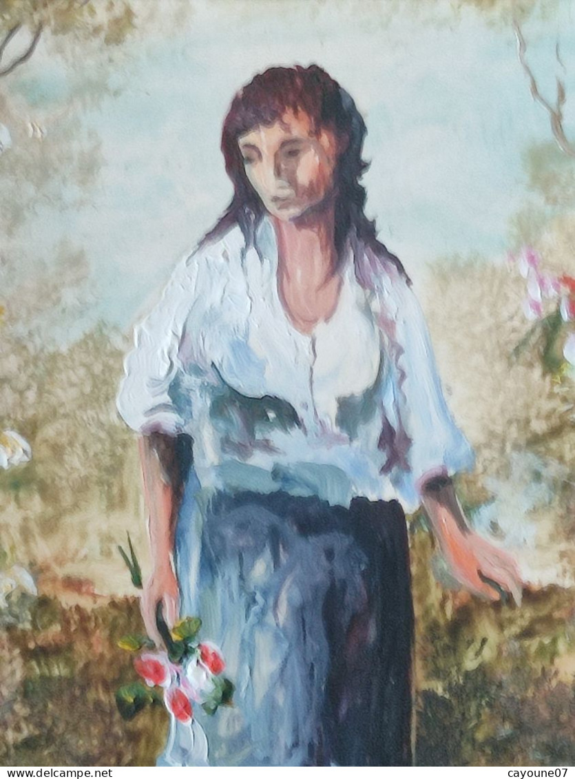 Robert CACHARD ( XXème) "Femme au bouquet" portrait miniature huile sur carton