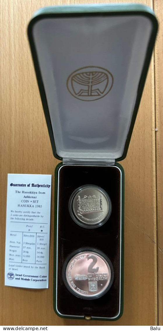 Israel 1985 Hanukka From Ashkenaz, Silber 850, 30/37mm, 14.4/28.8 Gr. 1+2 Sheqel Coin Set B.U. Proof, Krause 161-62 - Israele